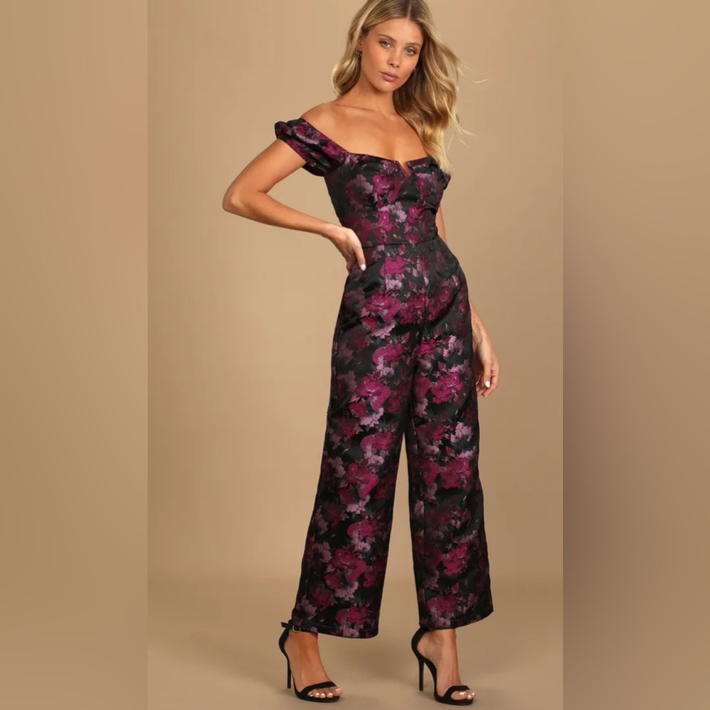 Lulus NWOT Glam Black Floral Jacquard Bustier Off-the-Shoulder Jumpsuit